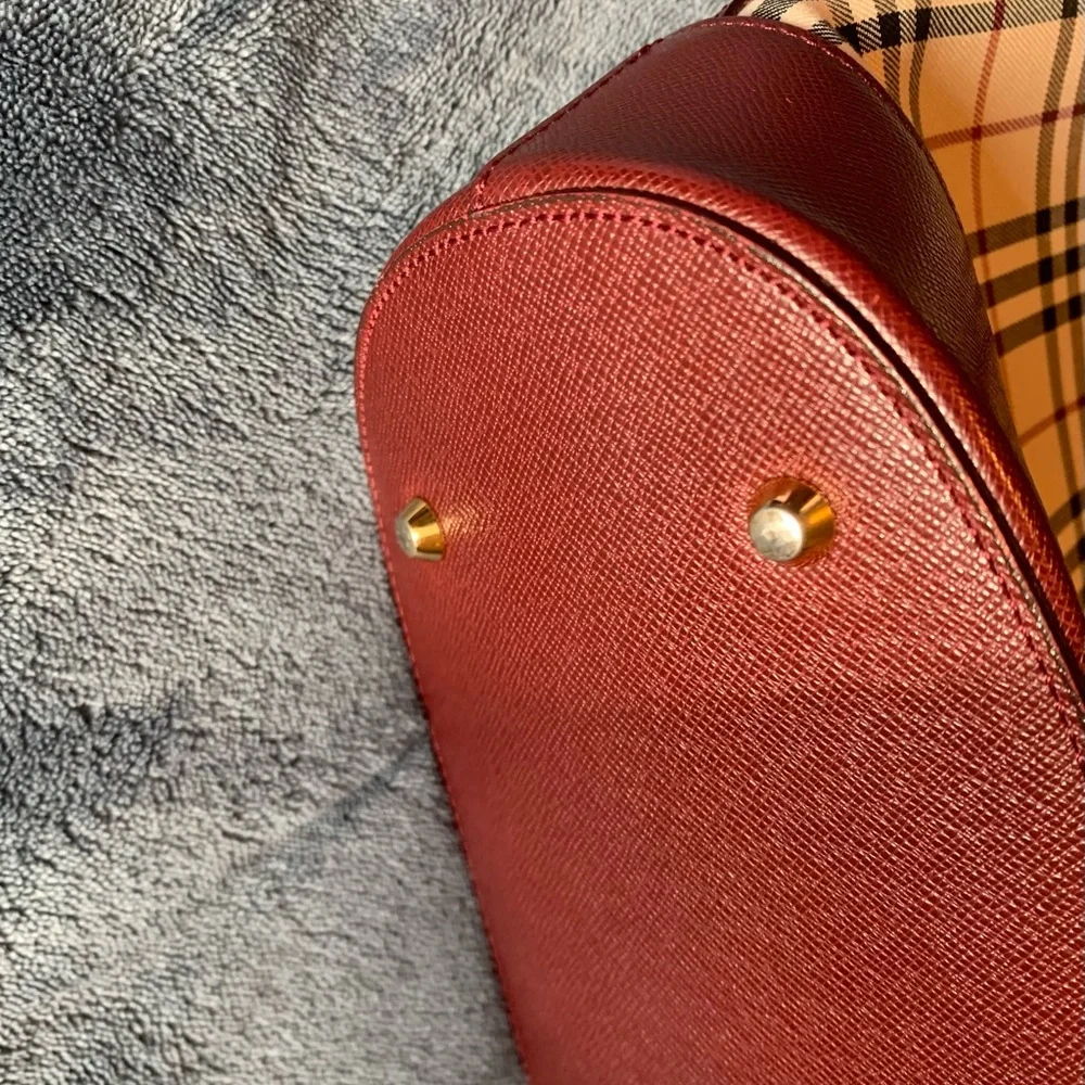 Burberry Beige Check Tote with Burgundy Trim